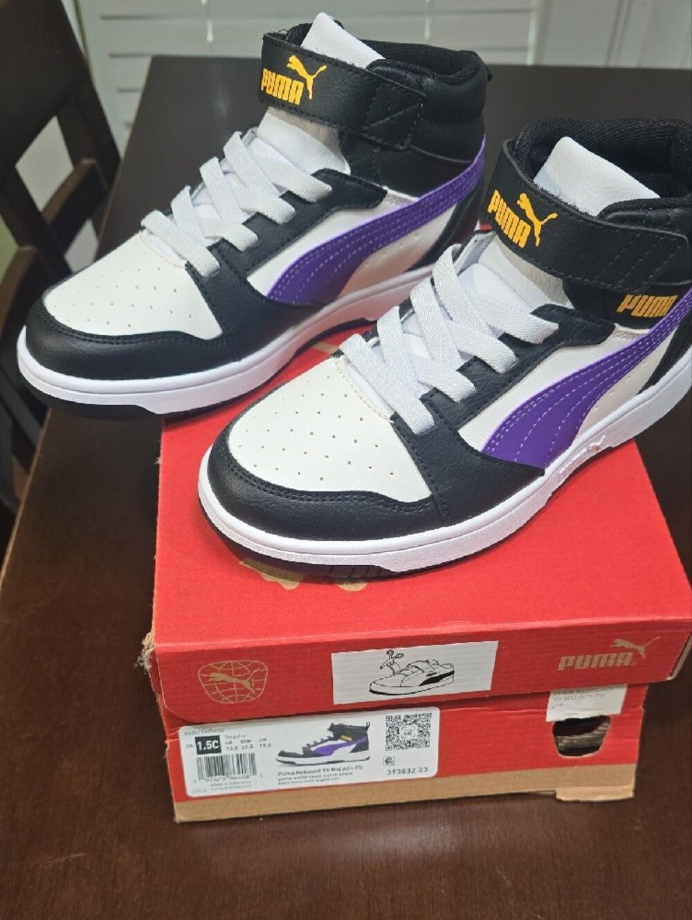 Puma Kids' Black & White High-Top Sneakers with Purple Side Accent